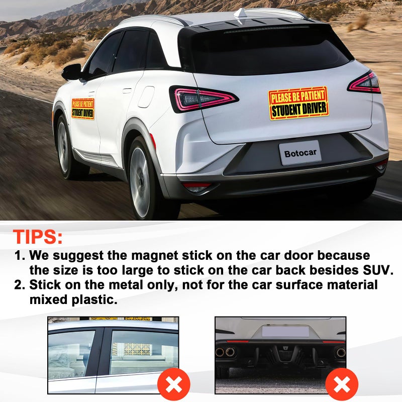 Botocar Student Driver Car Magnet, 2 Pack Super Large Please Be Patient Student Driver Signs for Car, Reflective New Driver Vehicle Bumper Magnetic Sticker, Novice Driver Safety Warning Sign, 12Ã—6in - Image 5