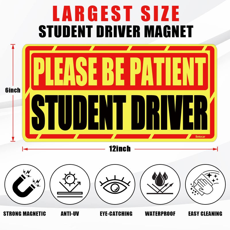 Botocar Student Driver Car Magnet, 2 Pack Super Large Please Be Patient Student Driver Signs for Car, Reflective New Driver Vehicle Bumper Magnetic Sticker, Novice Driver Safety Warning Sign, 12Ã—6in - Image 1