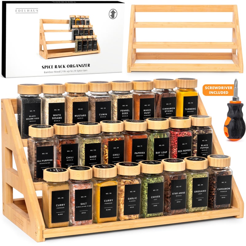 EDELHAUS 3 Tier Bamboo Spice Rack Organizer for Cabinet â€“ Fits 24 Spice Jars, 17.5â€ Wide Countertop & Cabinet Organizer for Kitchen Organization, Seasoning Organizer Shelf (Jars Not Included) - Image 1