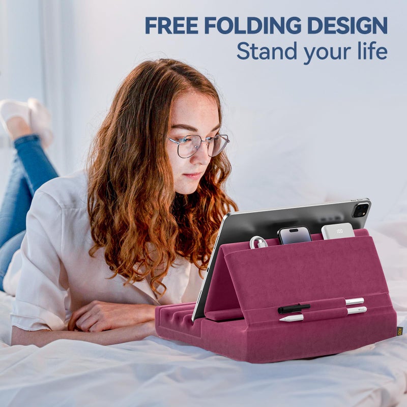 KDD Tablet Pillow Holder, Foldable iPad Stand for Lap, Bed and Desk -Tablet Soft Pad Dock with Pocket & Stylus Mount Compatible with iPad Pro 12.9, 10.5, 9.7 Air Mini 6 5 4 3, Galaxy Tab, E-Reader - Image 3
