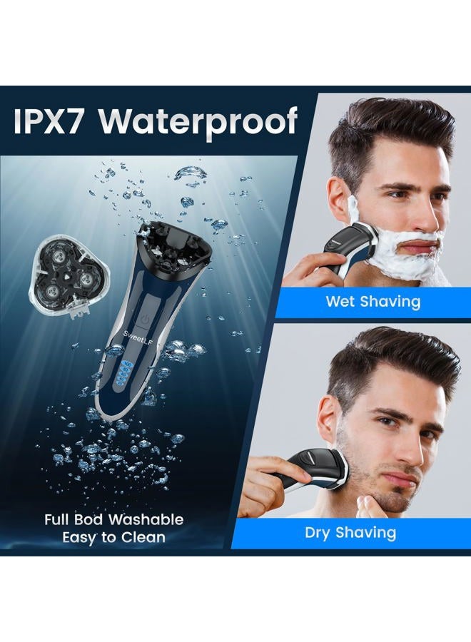 SweetLF Electric Razor for Men, SweetLF 100% Waterproof Electric Shaver, Type C Rechargeable, Wet & Dry Rotary Shavers for Men with Pop up Trimmer, Corded and Cordless, Navy Blue  - Image 5