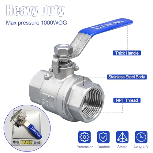 ZOUNI 1/2 Inch Ball Valve, Premium 304 Stainless Steel Full Port Forged NPT Ball Valve for Water Oil and Gas with Long Handle Shut Off Switch, 1000 WOG (2, FNPT x FNPT 1/2") - Image 3