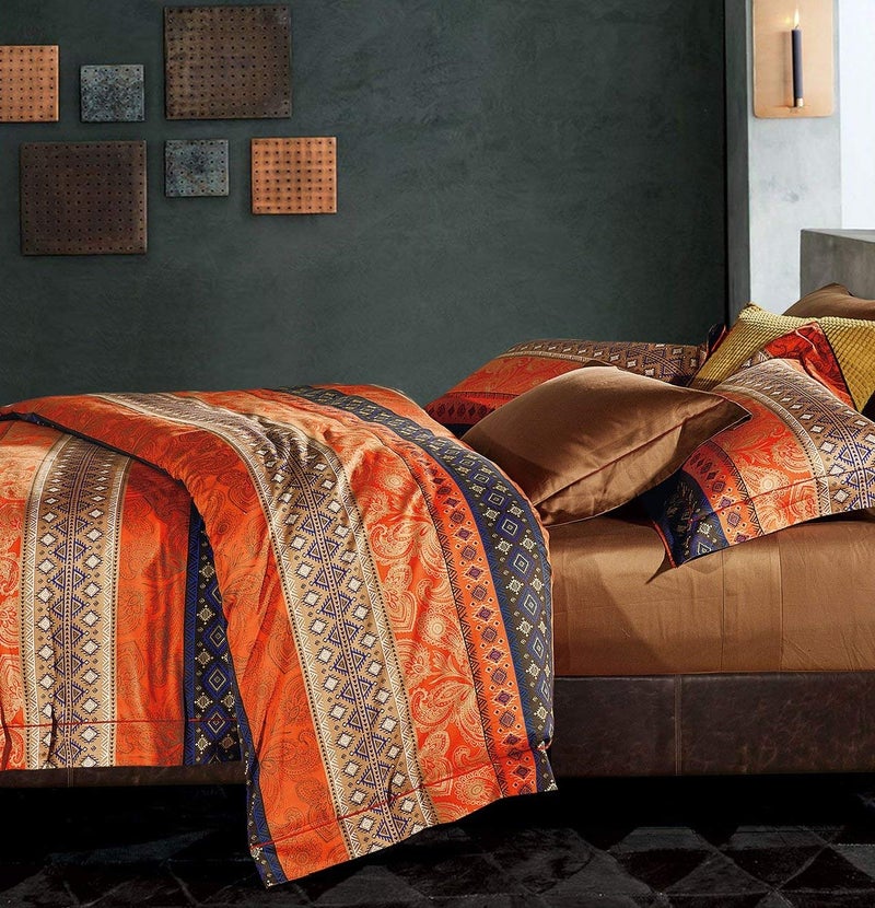 Eikei Bohemian Duvet Cover Striped Ethnic Boho Reversible Southwestern 400TC Cotton Twin Size Bedding 2pc Set Navy White Orange Modern Geo Aztec Print Twin Fire Orange
