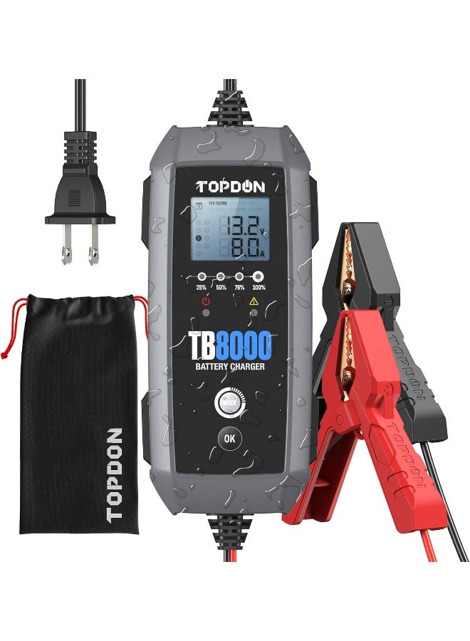 TOPDON 8A/3A/1A Car Battery Charger Automotive with Voltage Detection, 12V/6V TB8000 Automatic Battery Maintainer, Lead-Acid & Lithium, LiFePO4 Batteries, Trickle Charger, Float Charger, Storage Bag - Image 1