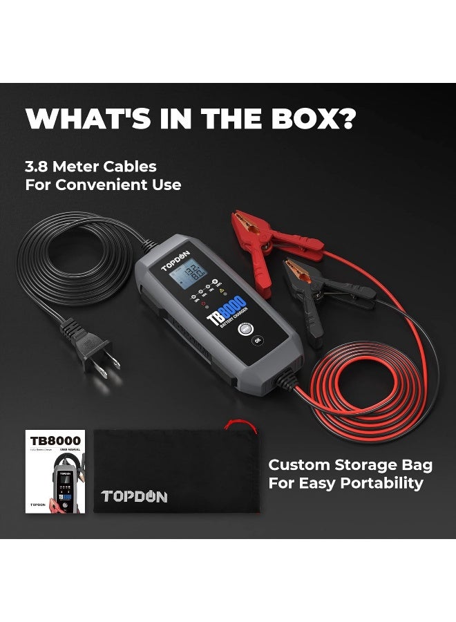 TOPDON 8A/3A/1A Car Battery Charger Automotive with Voltage Detection, 12V/6V TB8000 Automatic Battery Maintainer, Lead-Acid & Lithium, LiFePO4 Batteries, Trickle Charger, Float Charger, Storage Bag - Image 5