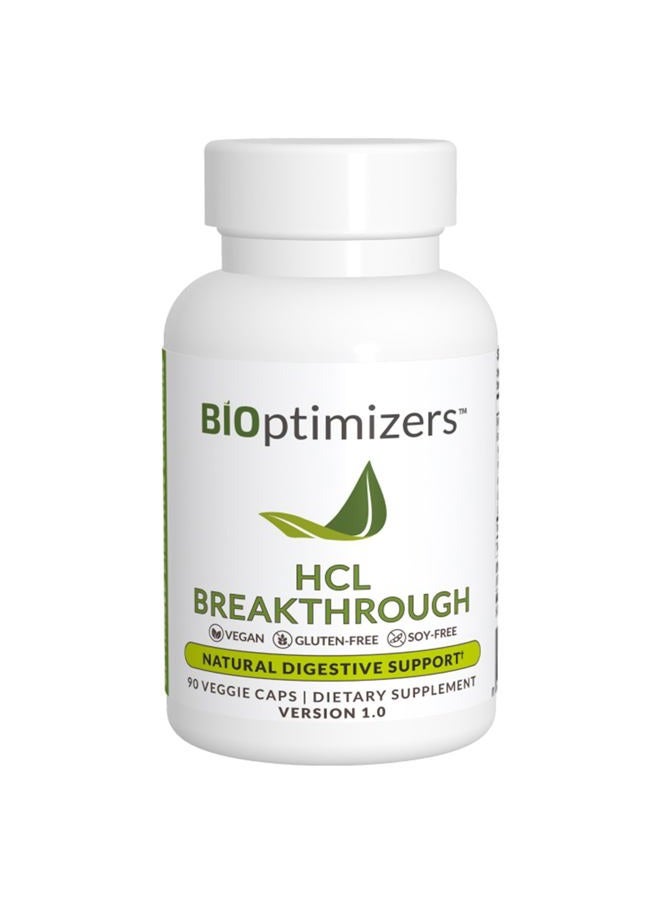 BiOptimizers HCL Breakthrough - Betaine Hydrochloride Enzymes Supplement - Assists with Protein Breakdown and Absorption - Helps Gas and Heartburn Relief - 90 Pepsin-Free Capsules - Image 1