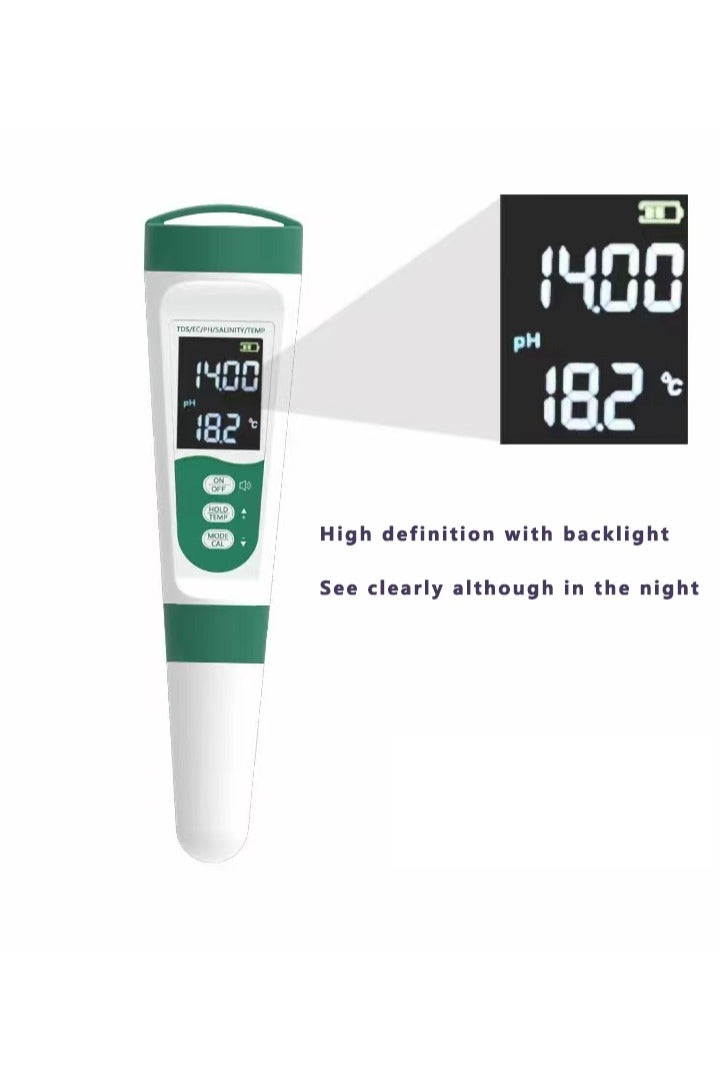 5-in-1 Voice Prompt Water Quality Tester for PH/TDS/EC/Salinity/Temperature with USB Charging, IP67 Digital pH Meter with Auto Calibration and VA for Hydroponics, Garden, Swimming Pool, Aquarium, Home - Image 2