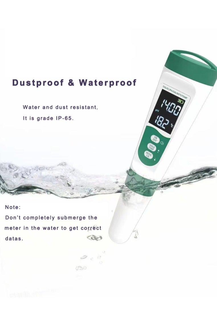 5-in-1 Voice Prompt Water Quality Tester for PH/TDS/EC/Salinity/Temperature with USB Charging, IP67 Digital pH Meter with Auto Calibration and VA for Hydroponics, Garden, Swimming Pool, Aquarium, Home - Image 1