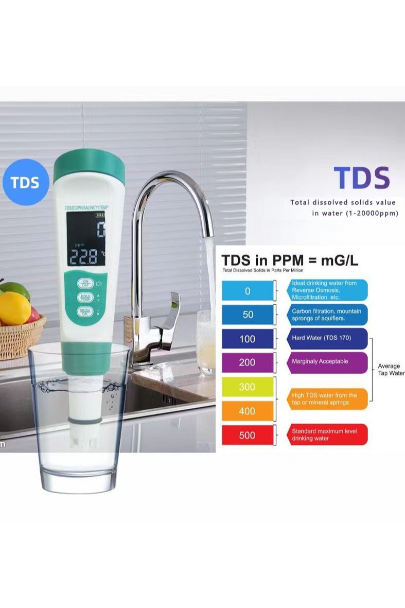 5-in-1 Voice Prompt Water Quality Tester for PH/TDS/EC/Salinity/Temperature with USB Charging, IP67 Digital pH Meter with Auto Calibration and VA for Hydroponics, Garden, Swimming Pool, Aquarium, Home - Image 4