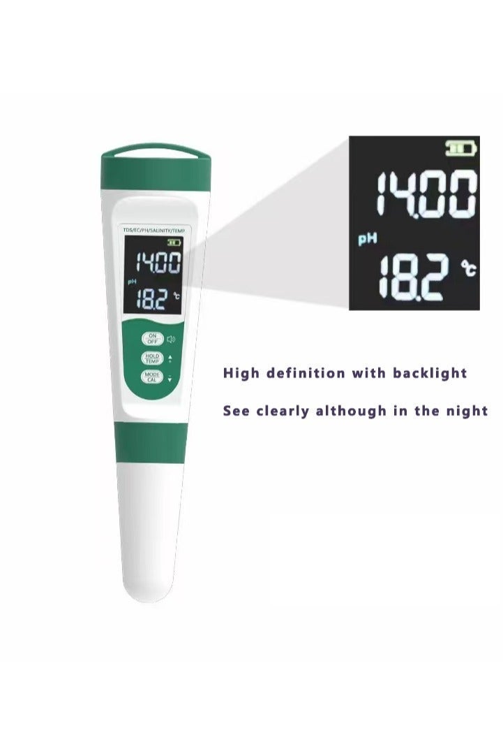 5-in-1 Voice Prompt Water Quality Tester for PH/TDS/EC/Salinity/Temperature with USB Charging, IP67 Digital pH Meter with Auto Calibration and VA for Hydroponics, Garden, Swimming Pool, Aquarium, Home - Image 2