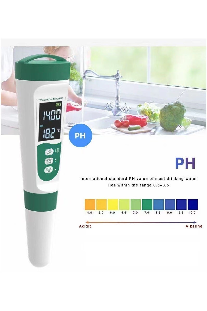 5-in-1 Voice Prompt Water Quality Tester for PH/TDS/EC/Salinity/Temperature with USB Charging, IP67 Digital pH Meter with Auto Calibration and VA for Hydroponics, Garden, Swimming Pool, Aquarium, Home - Image 1