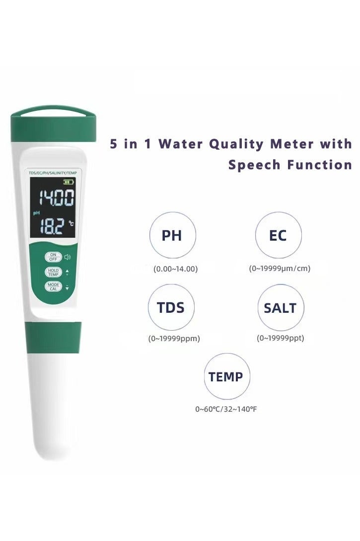 5-in-1 Voice Prompt Water Quality Tester for PH/TDS/EC/Salinity/Temperature with USB Charging, IP67 Digital pH Meter with Auto Calibration and VA for Hydroponics, Garden, Swimming Pool, Aquarium, Home - Image 4