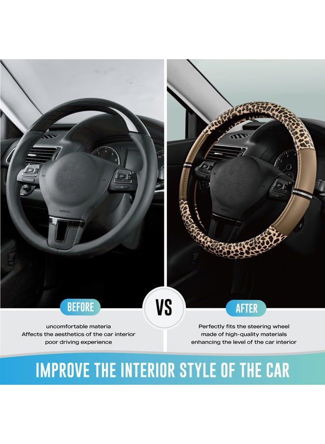 Road Comforts Leopard Steering Wheel Cover - Made with PVC Leather Cheetah Print - Anti-Slip, Universal Fit 14 1/2 inches to 15 inches - Beige - Image 3