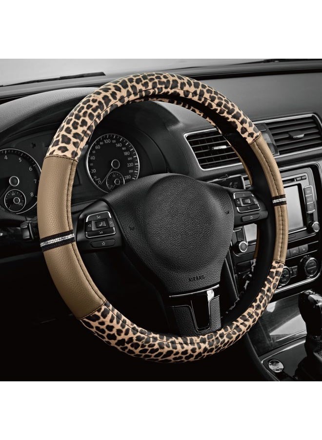 Road Comforts Leopard Steering Wheel Cover - Made with PVC Leather Cheetah Print - Anti-Slip, Universal Fit 14 1/2 inches to 15 inches - Beige - Image 1