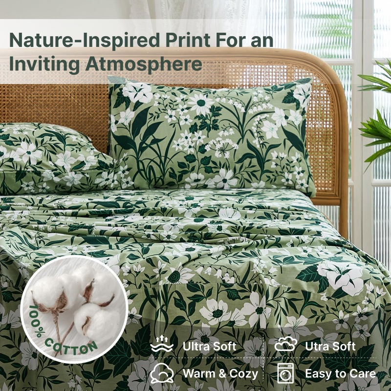 Cozaline 100% Cotton Sheet Set Queen Size â€“ 4-Piece Luxury Forest Green Floral Bedding, Soft Breathable Percale Weave, Deep Pocket Fitted Sheet 17.5", Crisp Cool Feel, Refined Botanical Elegance - Image 3
