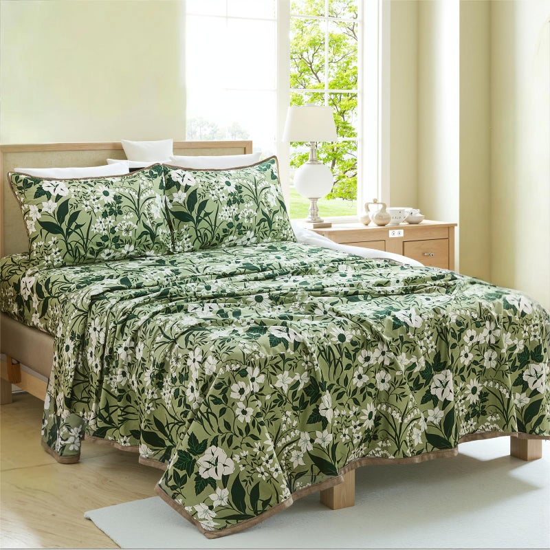 Cozaline 100% Cotton Sheet Set Queen Size â€“ 4-Piece Luxury Forest Green Floral Bedding, Soft Breathable Percale Weave, Deep Pocket Fitted Sheet 17.5", Crisp Cool Feel, Refined Botanical Elegance - Image 2
