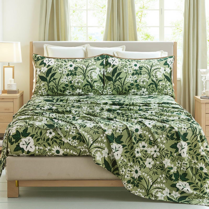 Cozaline 100% Cotton Sheet Set Queen Size â€“ 4-Piece Luxury Forest Green Floral Bedding, Soft Breathable Percale Weave, Deep Pocket Fitted Sheet 17.5", Crisp Cool Feel, Refined Botanical Elegance - Image 1