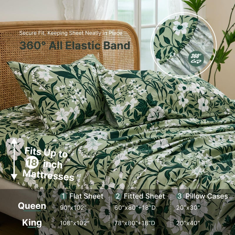 Cozaline 100% Cotton Sheet Set Queen Size â€“ 4-Piece Luxury Forest Green Floral Bedding, Soft Breathable Percale Weave, Deep Pocket Fitted Sheet 17.5", Crisp Cool Feel, Refined Botanical Elegance - Image 4