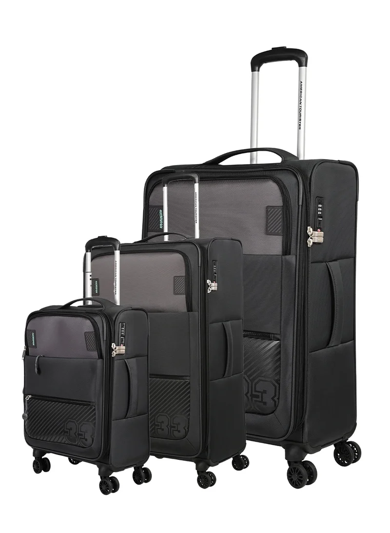 Majoris + Suitcase, Set of 3, Cabin, Medium & Large (59 + 70 + 83 cm), 4 Spinner Wheels, Soft Top, 100% Polyester, Black|Corner Guards|Multi Front Pocket|TSA Combination Lock|Expandable|Retractable Aluminum Handle - 3 Years Global Warranty