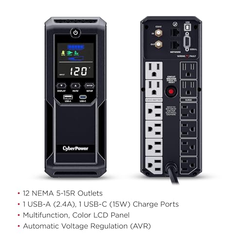 CyberPower CP1350AVRLCD3 Intelligent LCD UPS System, 1350VA/815W, 12 Outlets, 2 USB Ports, AVR, Mini Tower, Black - Image 5