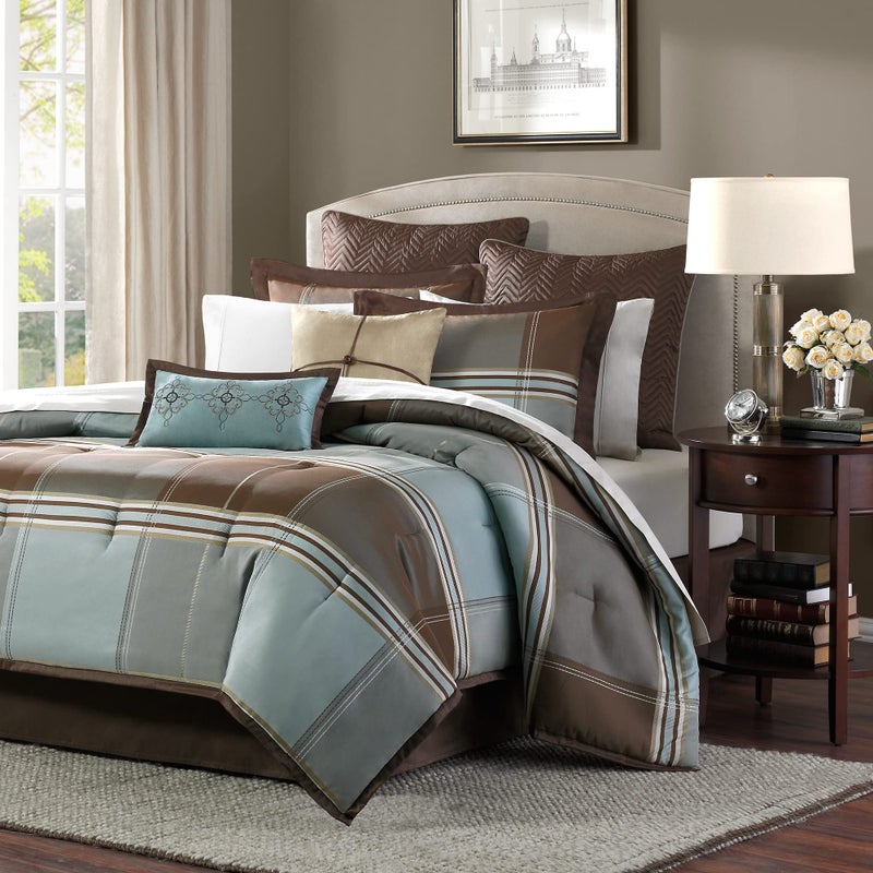 madison park Madison Park Cozy Comforter Set Casual Modern Design  All Season Bedding Matching Bed Skirt Decorative Pillows Lincoln Color Blocks Brown Cal King104x92 8 Piece 