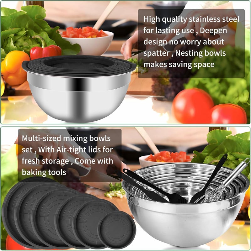 WEPSEN Mixing Bowls Set 27PCS Stainless Steel Mixing Bowl with Lid Set Large Nesting Bowls 7 45 3 25 2 15QT Measuring Cups and Spoons Baking Utensils Metal Bowl for Kitchen Prep - Image 3