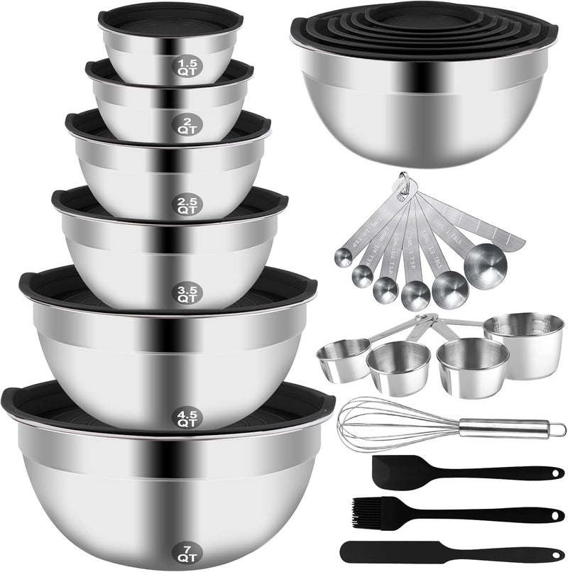 WEPSEN Mixing Bowls Set 27PCS Stainless Steel Mixing Bowl with Lid Set Large Nesting Bowls 7 45 3 25 2 15QT Measuring Cups and Spoons Baking Utensils Metal Bowl for Kitchen Prep - Image 1