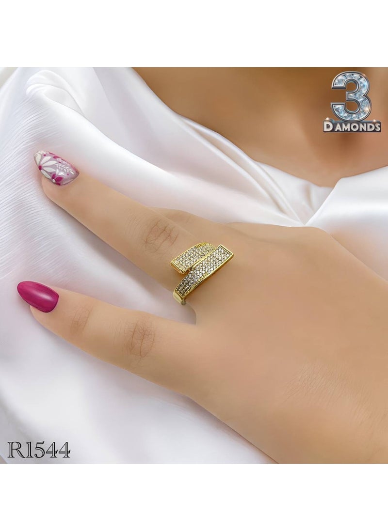 ثري دايموندز - خاتم شريحتين مطلي ذهب – تصميم عصري أنيق مرصع بزركون للنساء - Image 1
