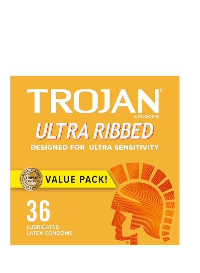 TROJAN Ultra Ribbed Lubricated Latex Condoms 36 counts - Image 1