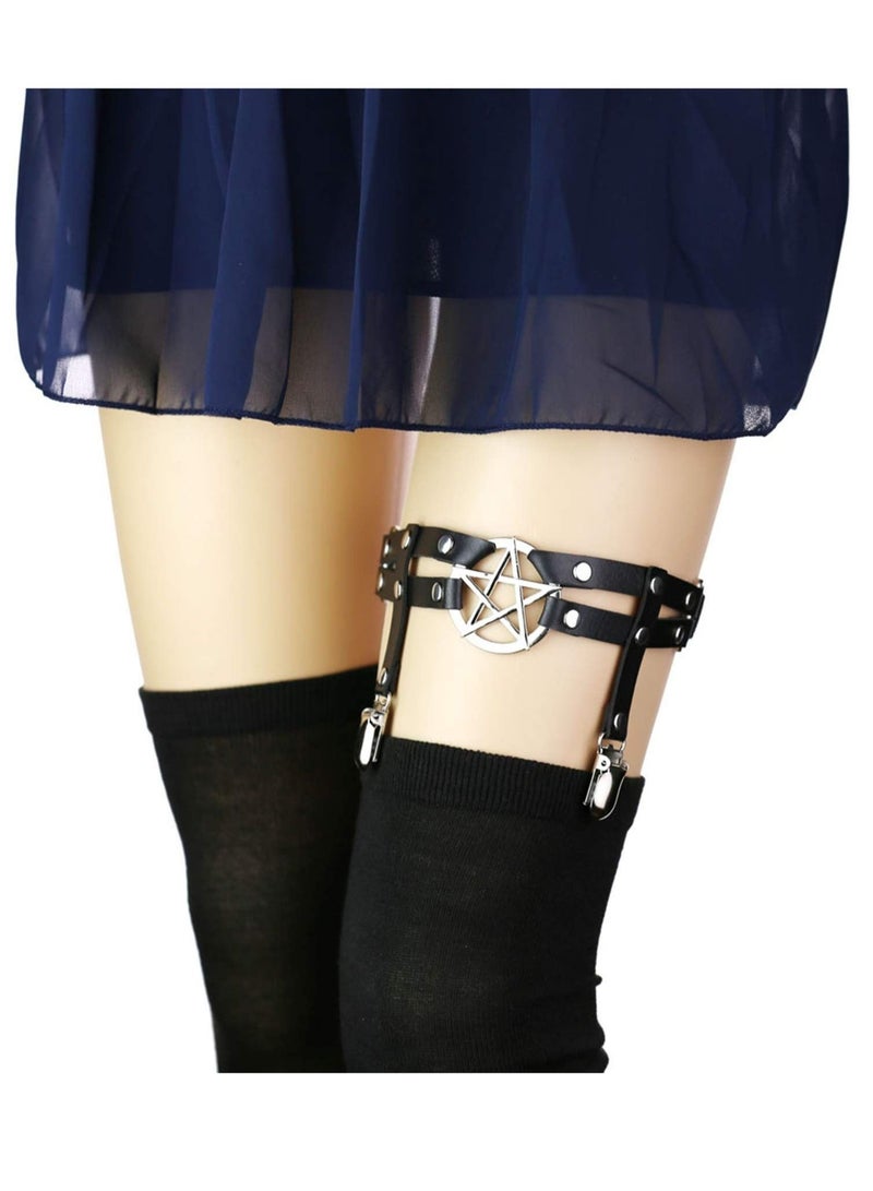 Captaintech 2 Pieces Adjustable Harness Garter Belts with Anti-Slip Clips Elastic Punk Thigh Ring Garter Star Shaped Leg Garter Heart-Shaped Leg Ring 2 Rows Thigh Belt Suspender for Women Girls - Image 1