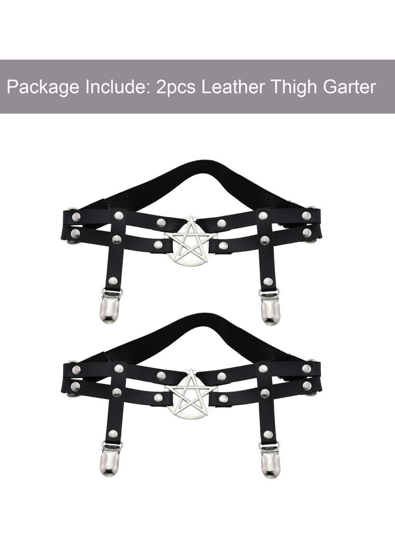 Captaintech 2 Pieces Adjustable Harness Garter Belts with Anti-Slip Clips Elastic Punk Thigh Ring Garter Star Shaped Leg Garter Heart-Shaped Leg Ring 2 Rows Thigh Belt Suspender for Women Girls - Image 2