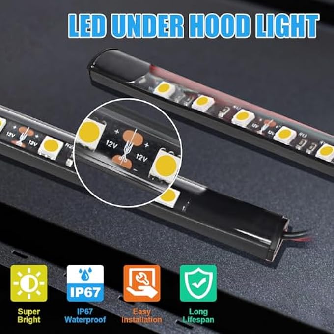 كيلا مجموعة إضاءة ليد أسفل غطاء المحرك، مصابيح ليد 12 فولت مقاومة للماء، مصابيح ليد لغطاء السيارة، مصابيح فحص العمل، مجموعة إضاءة عمل أسفل غطاء المحرك مع تشغيل وإيقاف تلقائي، تناسب جميع أنواع المركبات - Image 3