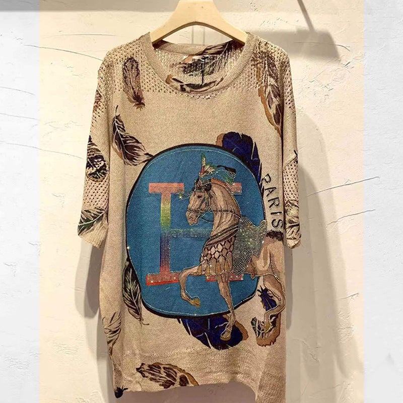 Heavy-Duty Diamond Short-Sleeved T-Shirt Women'S Age-Reducing Vintage Phoenix Printed Loose Large-Size Sweater Top Breathable Ice Silk - Image 1