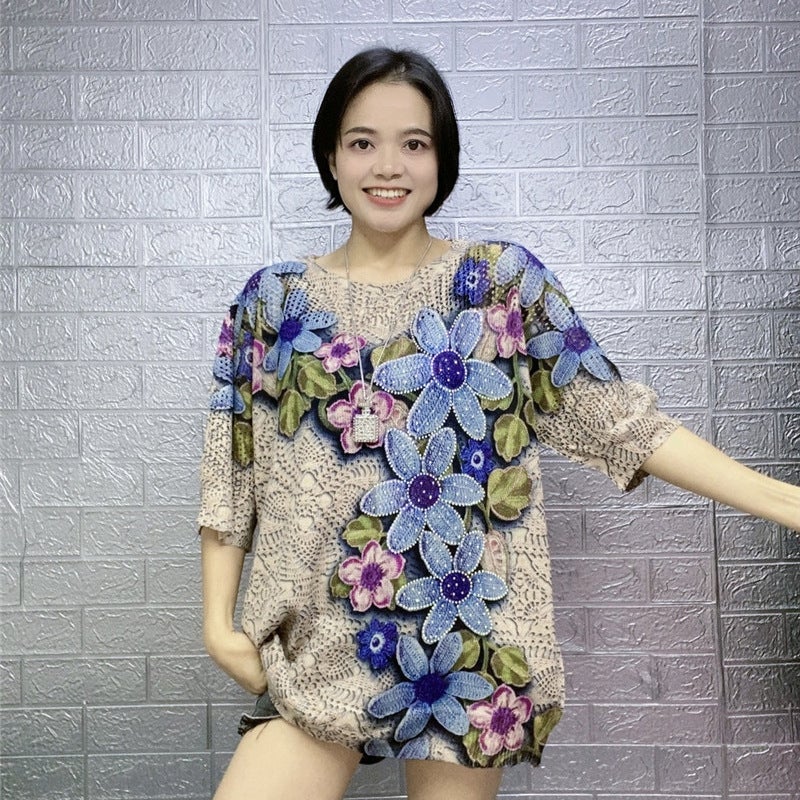 Heavy-Duty Diamond Short-Sleeved T-Shirt Women'S Age-Reducing Vintage Phoenix Printed Loose Large-Size Sweater Top Breathable Ice Silk - Image 3
