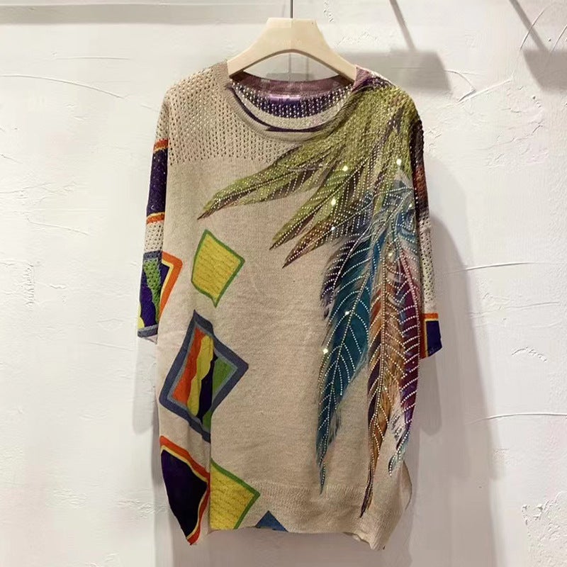 Heavy-Duty Diamond Short-Sleeved T-Shirt Women'S Age-Reducing Vintage Phoenix Printed Loose Large-Size Sweater Top Breathable Ice Silk - Image 2