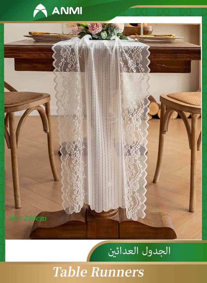 Anmi Pure White Lace Table Runner for Muslim Wedding & Eid - Hollow Elegant 45x240 cm Dining Table Decor - Ramadan Party Decoration - Image 1