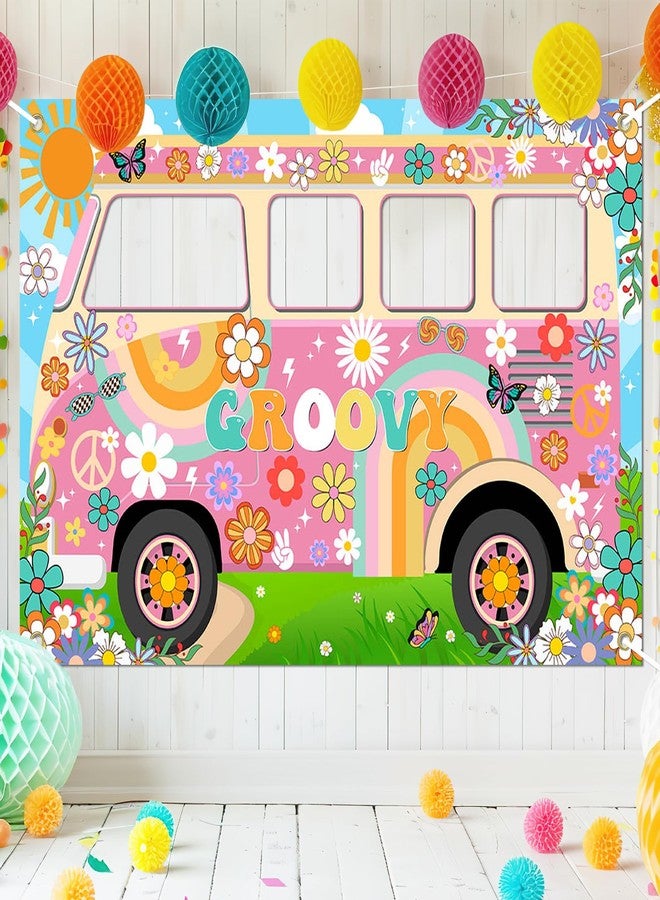 Lecheme Hippie Party Decorations Groovy Bus Banner 60s Daisy Backdrop Face Cutout 60s Photo Props Daisy Photo Background Party Supplies - Image 1