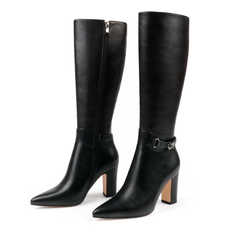 JOY IN LOVE Women's Knee High Boots High Block Heel Pointy Toe Zipper Boots Black US 6.5 - Image 1