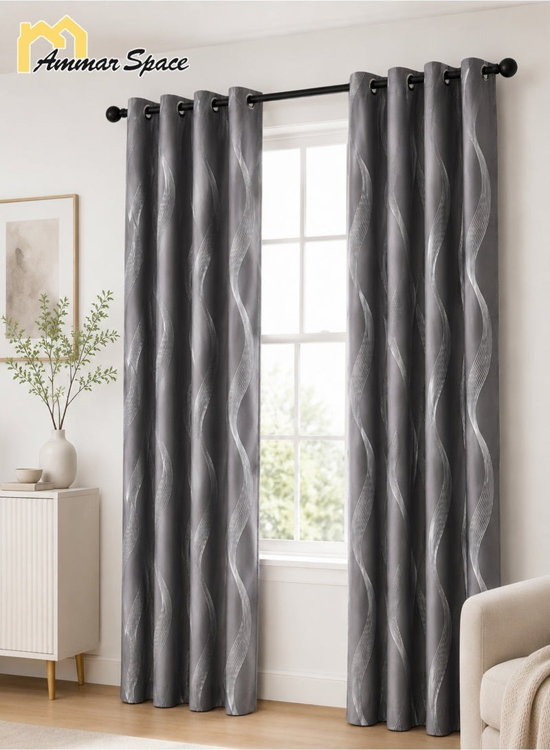 Ammar Space Silver Grey Blackout Curtain, 1 Panel, Silver Wave Pattern Thermal Insulated Room Darkening Grommet Curtain for Bedroom Living Room, W132 x L213 cm - Image 2