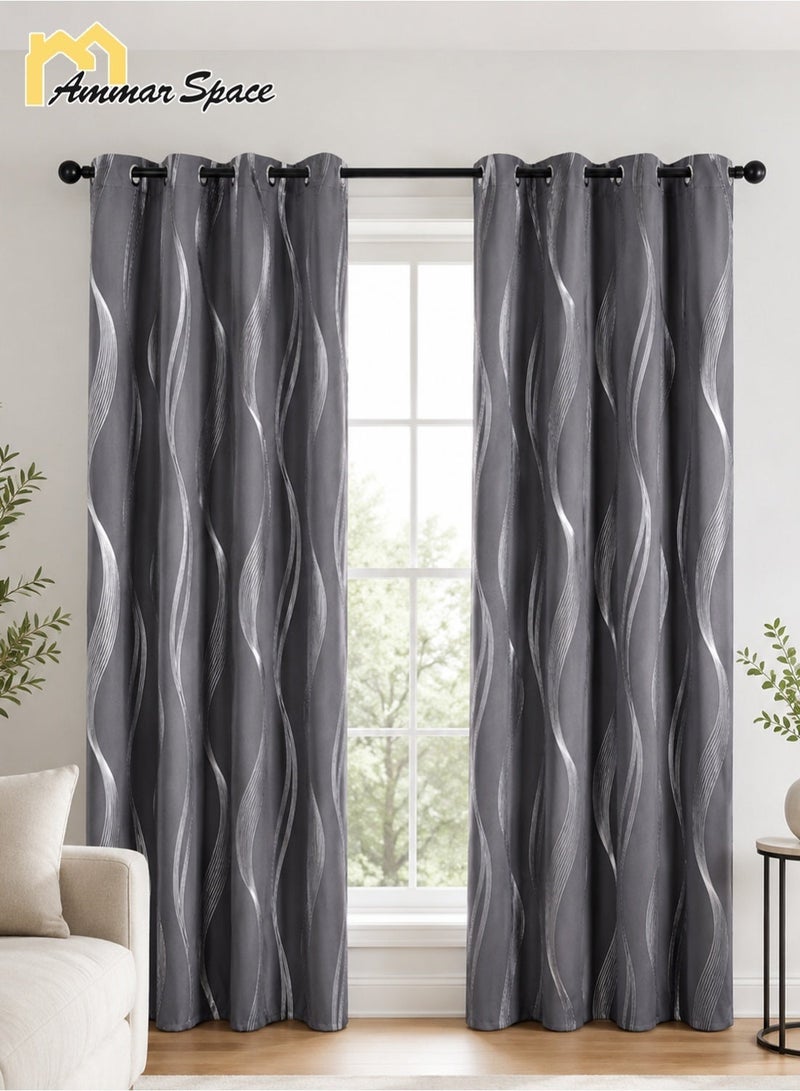 Ammar Space Silver Grey Blackout Curtain, 1 Panel, Silver Wave Pattern Thermal Insulated Room Darkening Grommet Curtain for Bedroom Living Room, W132 x L213 cm - Image 1