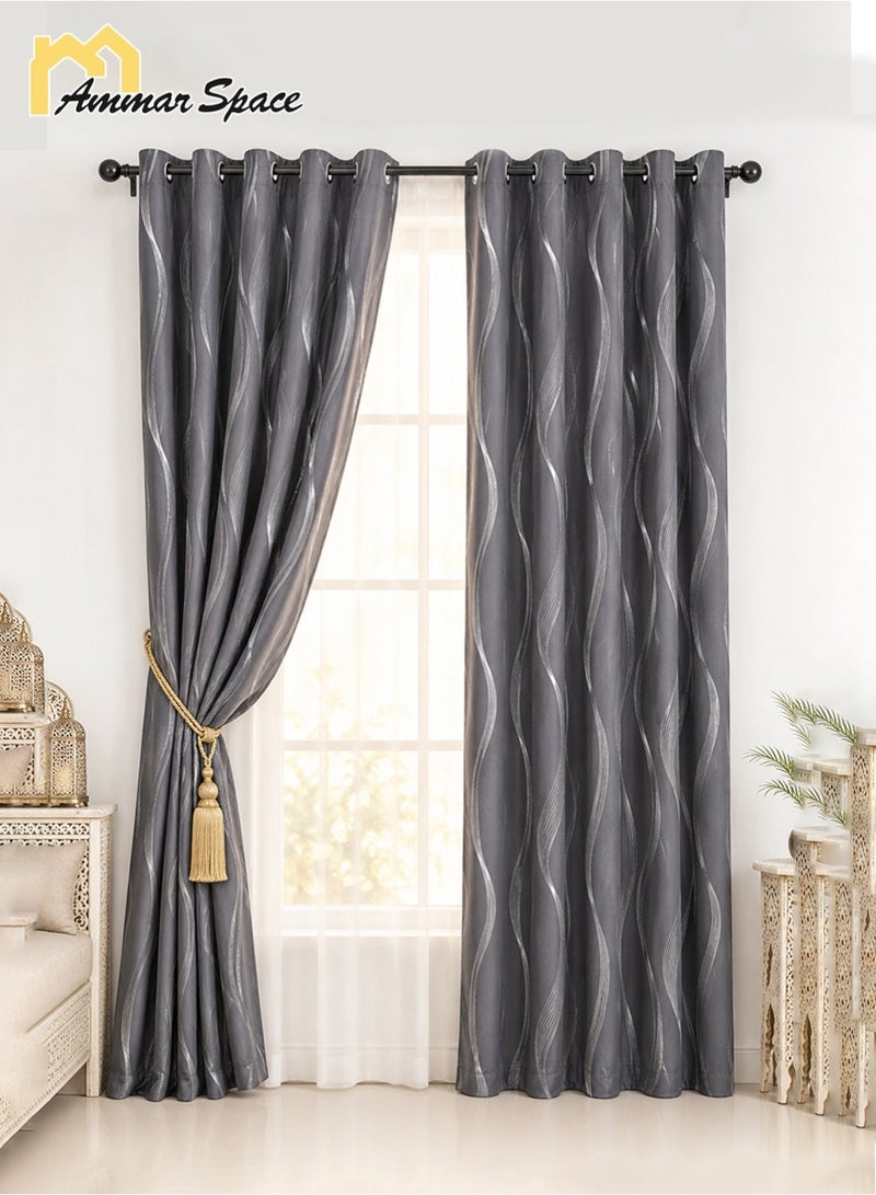 Ammar Space Silver Grey Blackout Curtain, 1 Panel, Silver Wave Pattern Thermal Insulated Room Darkening Grommet Curtain for Bedroom Living Room, W132 x L213 cm - Image 3