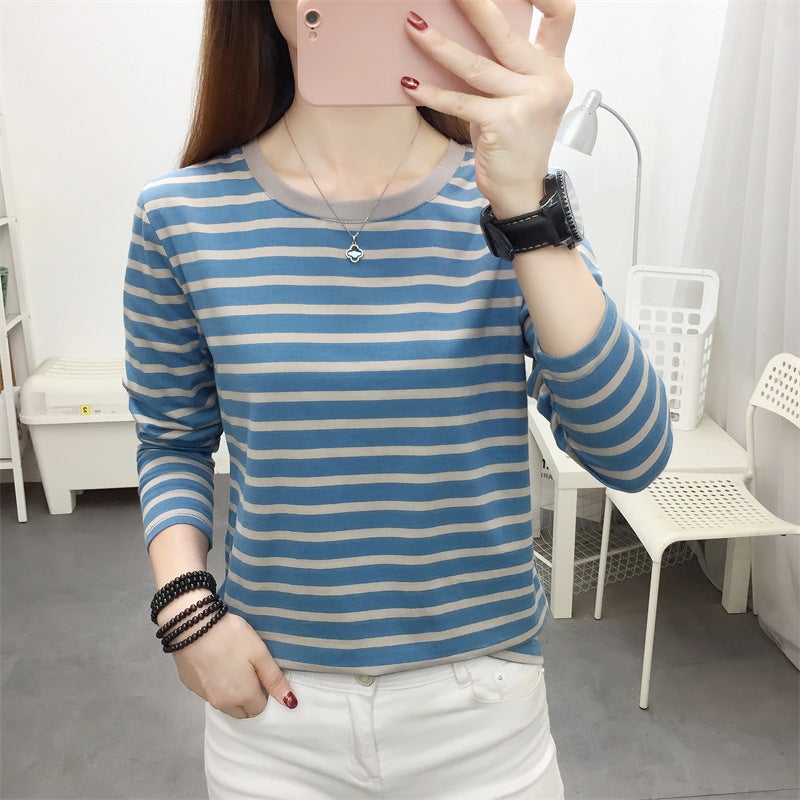 Outer Wearing Long-Sleeved T-Shirt Women'S Loose Plus Size Autumn Clothes Base Shirt Middle-Aged Mother'S Early Autumn Striped Top - Image 1