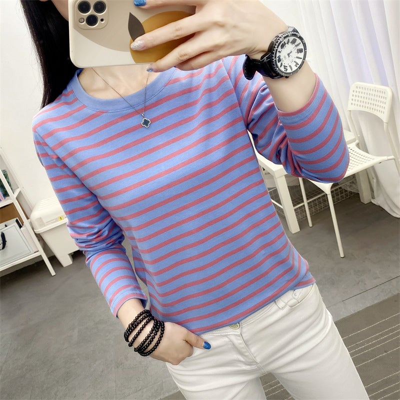 Outer Wearing Long-Sleeved T-Shirt Women'S Loose Plus Size Autumn Clothes Base Shirt Middle-Aged Mother'S Early Autumn Striped Top - Image 5