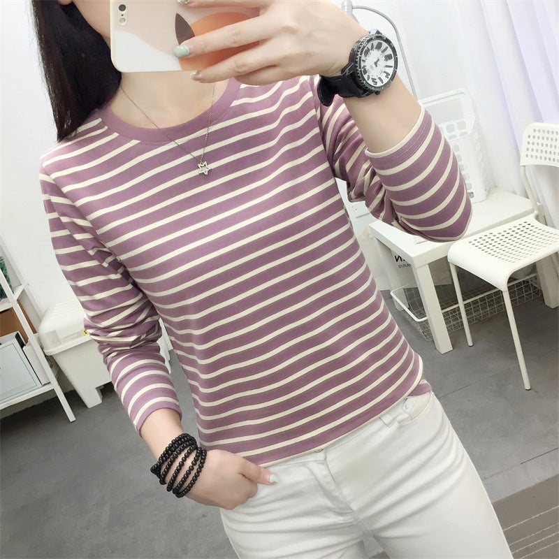 Outer Wearing Long-Sleeved T-Shirt Women'S Loose Plus Size Autumn Clothes Base Shirt Middle-Aged Mother'S Early Autumn Striped Top - Image 2
