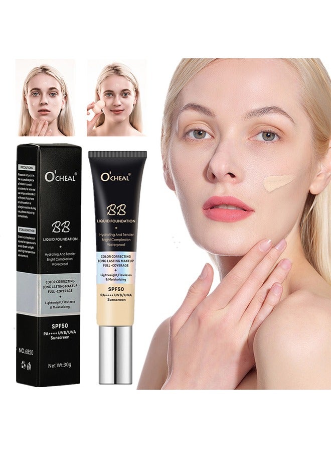 OCHEAL BB Liquid Foundation Color Correcting Long Lasting Maseup Full Coverage Lightweight, Flowlesss&Moisturizing Instant Age Rewind Perfector BB Cream Sunscreen SPF50(01#Ivory) - Image 1