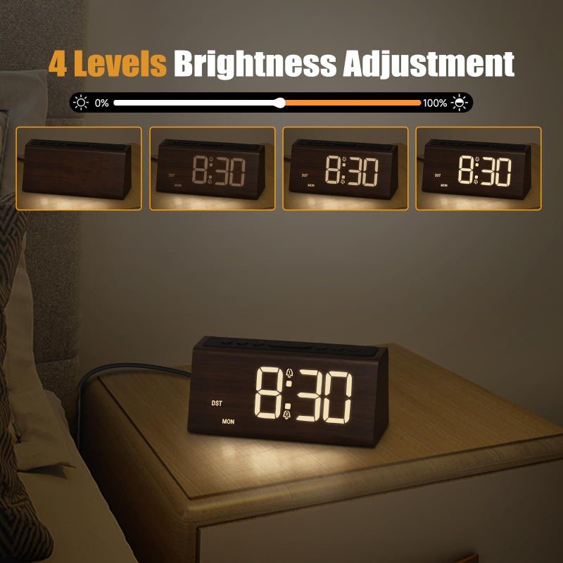 Cadmos Wooden Digital Alarm Clock for Bedroom,Electric Desk Clock with USB Port,Loud Alarm for Heavy Sleepers,Adjustable Volume & Dimmer,Snooze,DST,Wood Decor,Bedside & Desk Us(Brown - Amber Digits) - Image 4