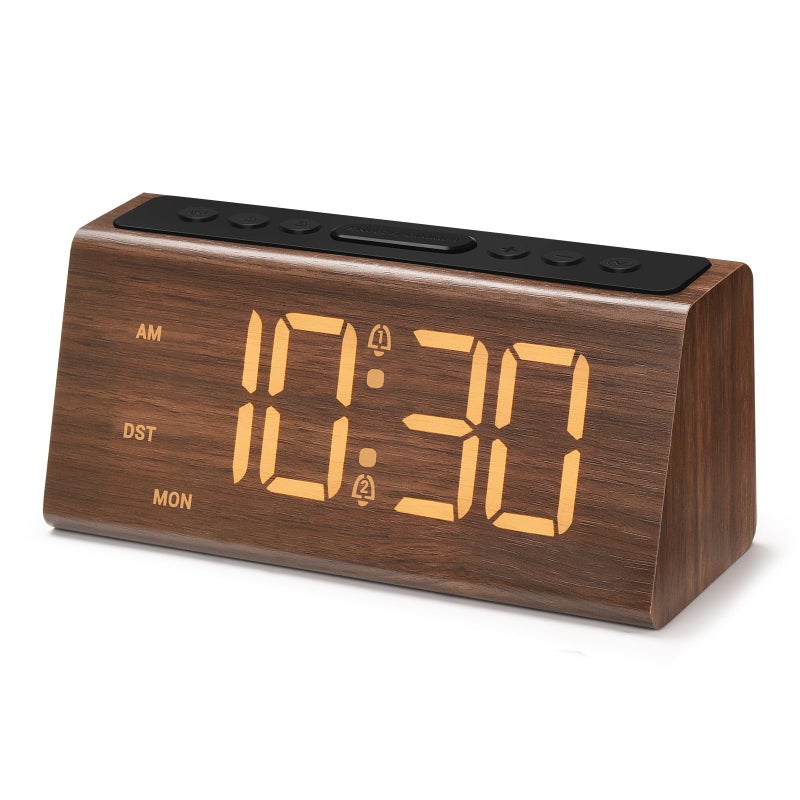 Cadmos Wooden Digital Alarm Clock for Bedroom,Electric Desk Clock with USB Port,Loud Alarm for Heavy Sleepers,Adjustable Volume & Dimmer,Snooze,DST,Wood Decor,Bedside & Desk Us(Brown - Amber Digits) - Image 1