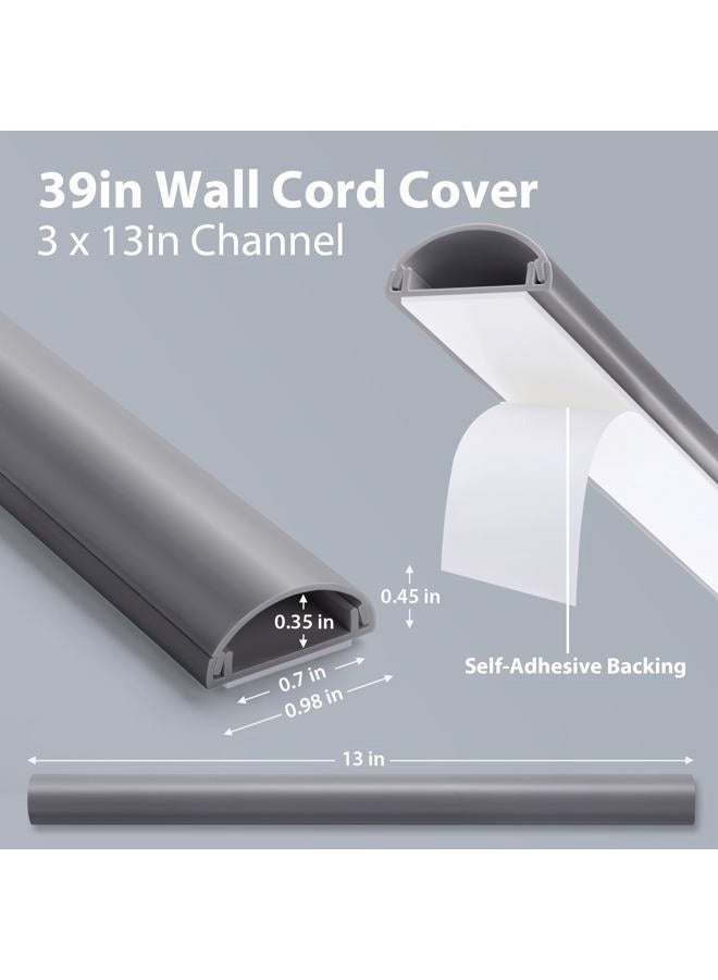 ZhiYo Cord Covers for Wires on Wall, 39in(3 x L13in) Cable Hider for Hiding 1-2 Cables, PVC Wire Covers for Cords on Wall Mount TV in Home or Office, Grey W1in x H0.41in - Image 2
