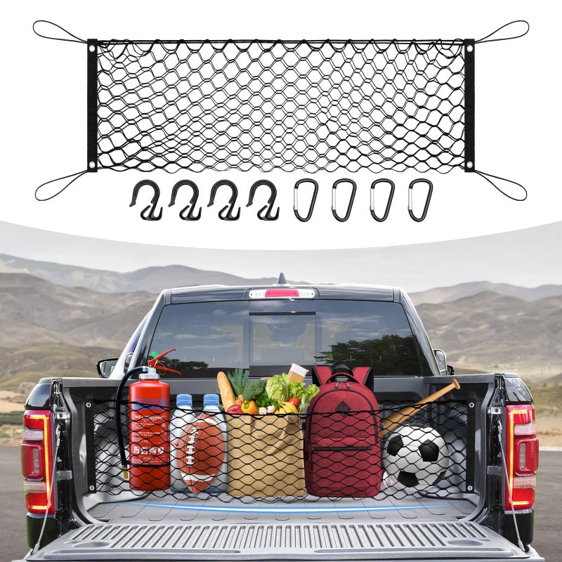 Canvcle Truck Bed Cargo Net for 20192025 2026 Dodge Ram 1500 Accessories Envelope Style Mesh Trunk Net Organizer and Storage Stretchable Adjustable Elastic Nylon Rear Cargo Netting with Hooks