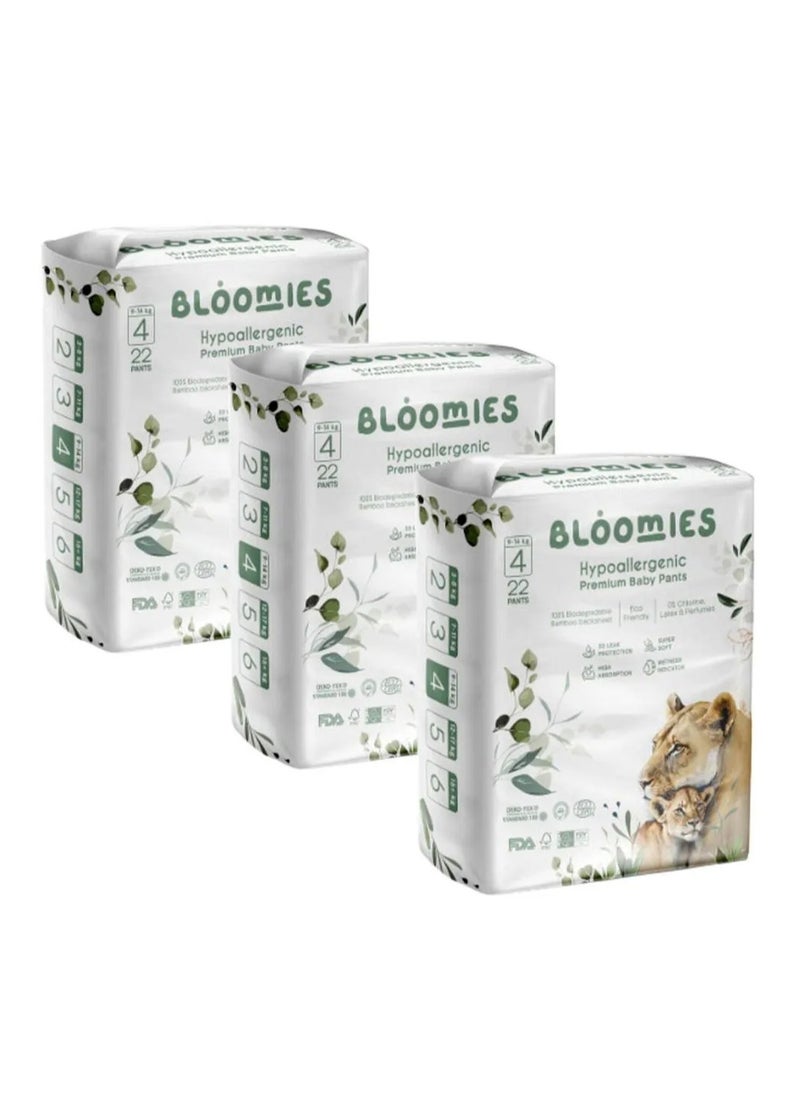 Bloomies Bloomies Premium Pant Style Baby Diapers, Hypoallergenic, 3D Leak Protection, Wetness Indicator, Super Soft, Size 4, 9 to 14kg - 66 Pieces 